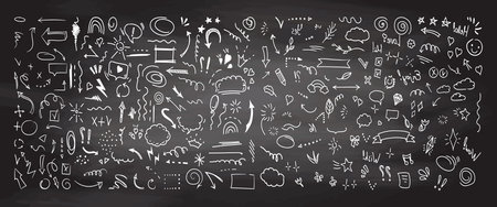 Simple sketch line style elements. Doodle cute ink pen line elements isolated on chalkboard background. Doodle arrow, heart, star, decoration symbol, icon set. Vector illustration.のイラスト素材