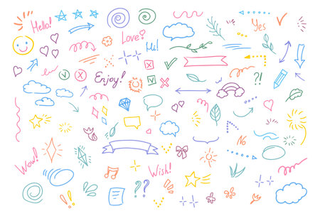 Simple sketch line style elements. Doodle cute ink pen line elements isolated on white background. Doodle arrow, heart, star, sparkle decoration symbol icon set. Vector illustration.のイラスト素材