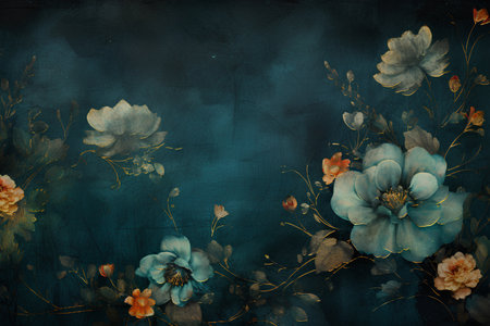 Drawing of beautiful greenish flowers with leaves on a dark emerald background. AI generated illustration.の素材