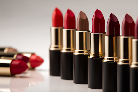 Red lipstick group, cosmetic and make-up product, photorealistic image, commercial advertising. AI generative illustration.の素材