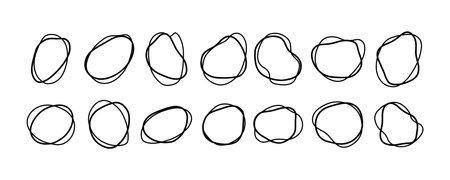 Hand-drawn outline round abstract organic blots of irregular shape. Liquid shapes for decorations. Vector illustration.のイラスト素材