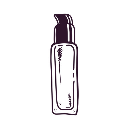 Hand-drawn bottle of cream with dispenser, beauty cosmetic element, self care. Illustration for beauty salon, cosmetic store, makeup design. Doodle sketch style.のイラスト素材