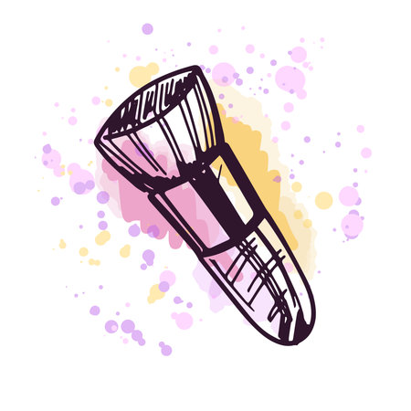 Hand-drawn cosmetic brush, beauty cosmetic element, self care. Illustration on a watercolor pastel background with splashes of paint. Useful for beauty salon, cosmetic store, makeup design. Doodle sketch style.のイラスト素材
