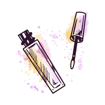 Hand-drawn lip gloss, liquid lipstick or liquid eye shadow, beauty cosmetic element, self care. Illustration on a watercolor pastel background with splashes of paint. Useful for beauty salon, cosmetic store, makeup design. Doodle sketch style.のイラスト素材