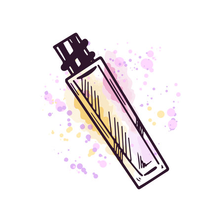 Hand-drawn lip gloss, liquid lipstick or liquid eye shadow, beauty cosmetic element, self care. Illustration on a watercolor pastel background with splashes of paint. Useful for beauty salon, cosmetic store, makeup design. Doodle sketch style.のイラスト素材