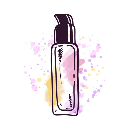 Hand-drawn bottle of cream with dispenser, beauty cosmetic element, self care. Illustration on a watercolor pastel background with splashes of paint. Useful for beauty salon, cosmetic store, makeup design. Doodle sketch style.のイラスト素材