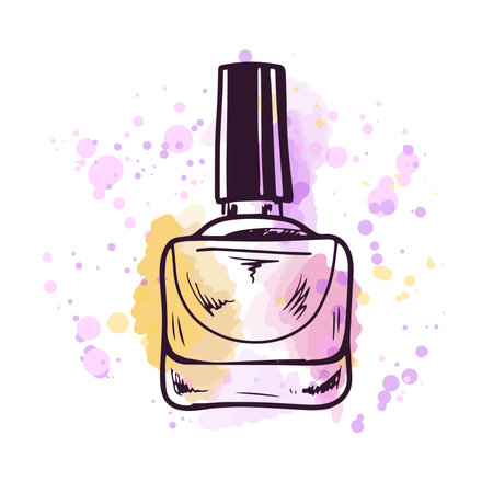 Hand-drawn nail polish, beauty cosmetic element, self care. Illustration on a watercolor pastel background with splashes of paint. Useful for beauty salon, cosmetic store, makeup design. Doodle sketch style.のイラスト素材