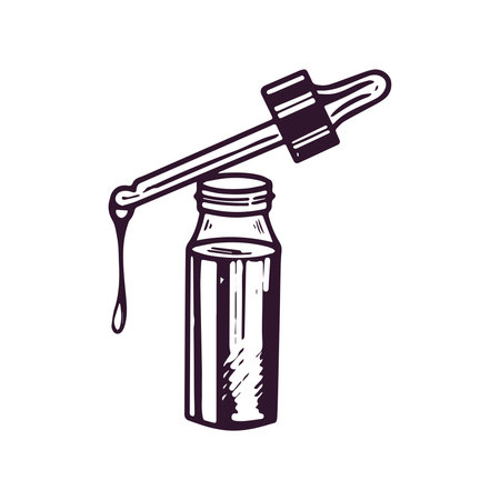 Hand-drawn serum bottle with pipette, beauty cosmetic element, self care. Illustration for beauty salon, cosmetic store, makeup design. Doodle sketch style.のイラスト素材