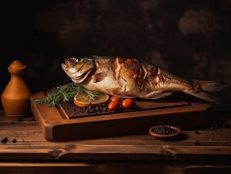 Delicious baked fish with vegetables on a wooden board, photorealistic illustration. AI generated.の素材