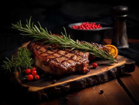 Delicious juicy beef steak on a wooden board, decorated with herbs and vegetables. Photorealistic illustration. AI generated.の素材