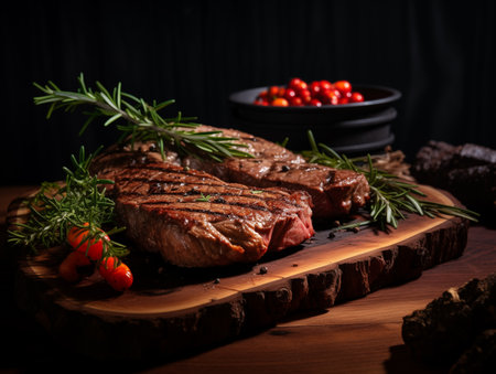Delicious juicy beef steak on a wooden board, decorated with herbs and vegetables. Photorealistic illustration. AI generated.の素材