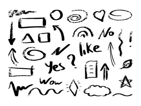 Simple sketch line style elements. Doodle cute ink pen line elements isolated on white background. Doodle arrow, heart, star decoration symbol icon set in grunge style. Vector illustration.のイラスト素材