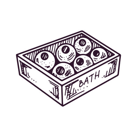 Hand-drawn box with round bathroom bombs, beauty cosmetic element, self care. Illustration for beauty salon, cosmetic store, makeup design. Doodle sketch style.のイラスト素材