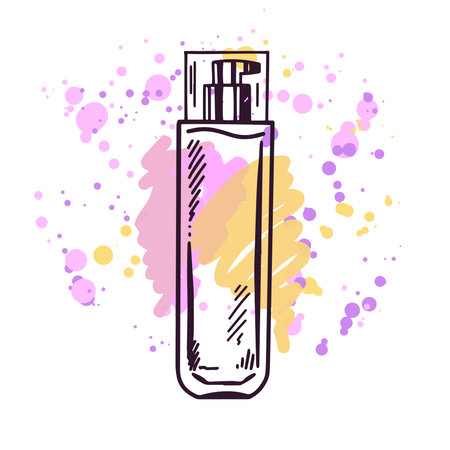 Hand-drawn bottle of cream with dispenser, beauty cosmetic element, self care. Illustration on a watercolor pastel background with splashes of paint. Useful for beauty salon, makeup. Doodle sketch.のイラスト素材