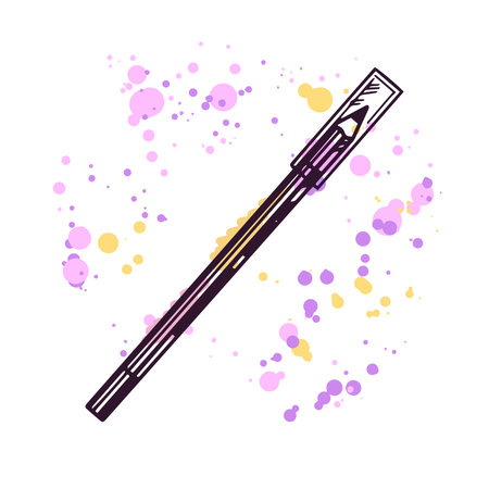 Hand-drawn pencil for eyes, eyebrows, lips, beauty cosmetic element, self care. Illustration on a watercolor pastel background with splashes of paint. Useful for beauty salon, cosmetic store, makeup. Doodle sketch.のイラスト素材