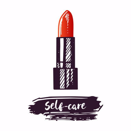 Hand-drawn lipstick, beauty cosmetic element, self care. Illustration for beauty salon, cosmetic store, makeup design. Doodle sketch style.のイラスト素材