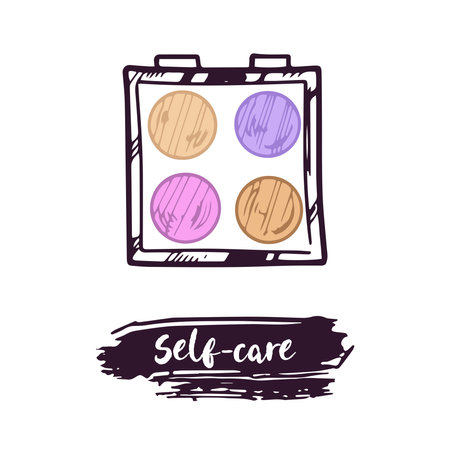 Hand-drawn eyeshadow palette, beauty cosmetic element, self care. Illustration for beauty salon, cosmetic store, makeup design. Doodle sketch style.のイラスト素材