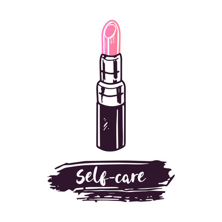 Hand-drawn lipstick, beauty cosmetic element, self care. Illustration for beauty salon, cosmetic store, makeup design. Doodle sketch style.のイラスト素材