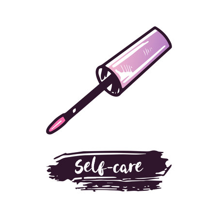 Hand-drawn applicator for applying liquid lipstick and eye shadow, beauty cosmetic element, self care. Illustration for beauty salon, cosmetic store, makeup design. Doodle sketch style.のイラスト素材