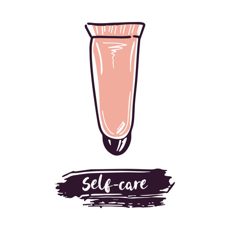 Hand-drawn tube of cream, beauty cosmetic element, self care. Illustration for beauty salon, cosmetic store, makeup design. Doodle sketch style.のイラスト素材