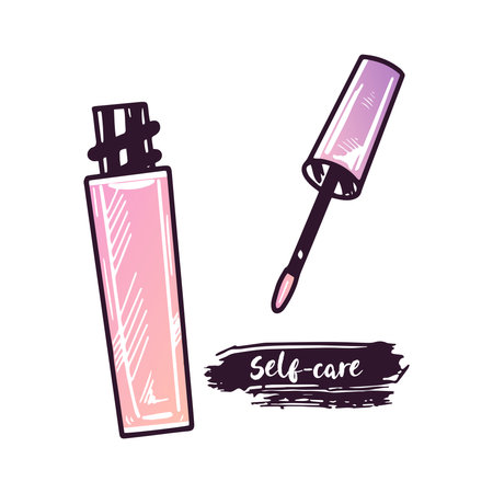 Hand-drawn lip gloss, liquid lipstick or liquid eye shadow, beauty cosmetic element, self care. Illustration for beauty salon, cosmetic store, makeup design. Doodle sketch style.のイラスト素材