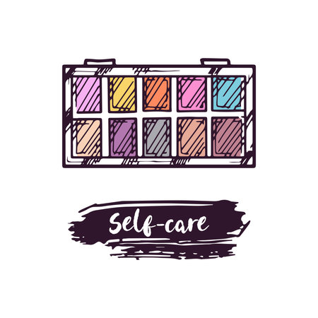 Hand-drawn eyeshadow palette, beauty cosmetic element, self care. Illustration for beauty salon, cosmetic store, makeup design. Doodle sketch style.のイラスト素材