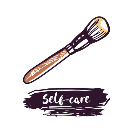 Hand-drawn cosmetic brush, beauty cosmetic element, self care. Illustration for beauty salon, cosmetic store, makeup design. Doodle sketch style.のイラスト素材