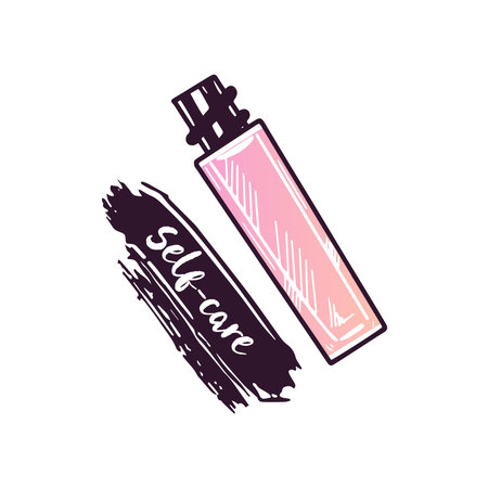 Hand-drawn lip gloss, liquid lipstick or liquid eye shadow, beauty cosmetic element, self care. Illustration for beauty salon, cosmetic store, makeup design. Doodle sketch style.のイラスト素材
