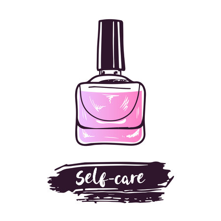 Hand-drawn nail polish, beauty cosmetic element, self care. Illustration for beauty salon, cosmetic store, makeup design. Doodle sketch style.のイラスト素材