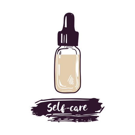 Hand-drawn serum bottle with pipette, beauty cosmetic element, self care. Illustration for beauty salon, cosmetic store, makeup design. Doodle sketch style.のイラスト素材