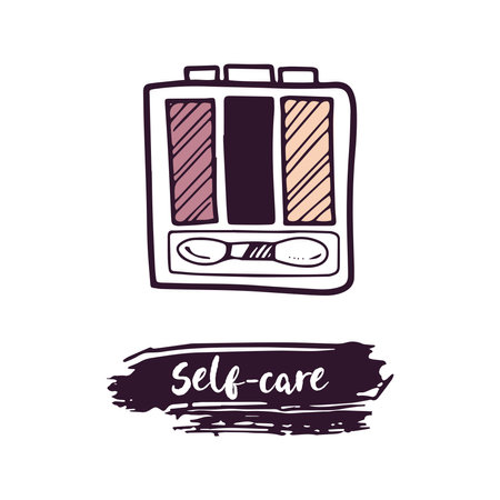 Hand-drawn eyeshadow palette, beauty cosmetic element, self care. Illustration for beauty salon, cosmetic store, makeup design. Doodle sketch style.のイラスト素材