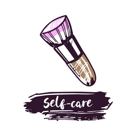 Hand-drawn cosmetic brush, beauty cosmetic element, self care. Illustration for beauty salon, cosmetic store, makeup design. Doodle sketch style.のイラスト素材