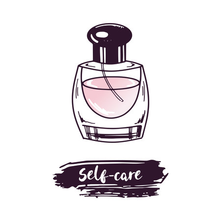 Hand-drawn perfume bottle, beauty cosmetic element, self care. Illustration for beauty salon, cosmetic store, makeup design. Doodle sketch style.のイラスト素材