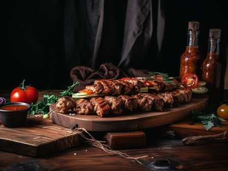 Delicious juicy kebabs and vegetables and greens on a wooden board, decorated with herbs and vegetables. Photorealistic illustration. AI generated.の素材