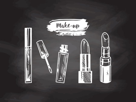 A set of hand-drawn doodle sketches of different types of lipsticks on chalkboard background. Illustration for beauty salon, cosmetic store, makeup design. Engraved image.のイラスト素材