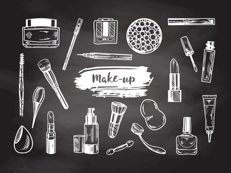 A set of hand-drawn doodle sketches of cosmetics, beauty, self-care elements on chalkboard background. Illustration for beauty salon, cosmetic store, makeup design. Engraved image.のイラスト素材