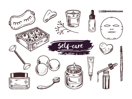 A set of hand-drawn doodle sketches of cosmetics, beauty, self-care elements. Illustration for beauty salon, cosmetic store, makeup design. Engraved image.のイラスト素材