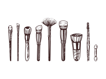 A set of hand-drawn doodle sketches of makeup brushes. Illustration for beauty salon, cosmetic store, makeup design. Engraved image.のイラスト素材