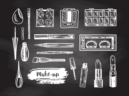 A set of hand-drawn doodle sketches of cosmetics, beauty, self-care elements on chalkboard background. Illustration for beauty salon, cosmetic store, makeup design. Engraved image.のイラスト素材