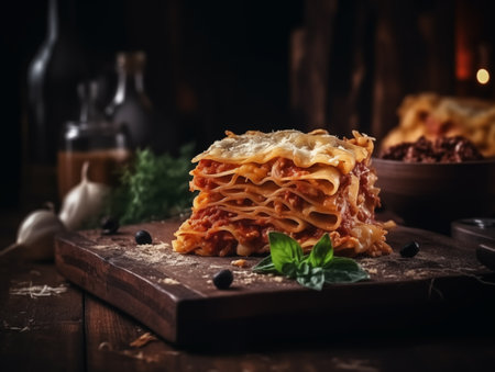 Delicious lasagna on a wooden board, decorated with herbs and vegetables. Photorealistic illustration. AI generated.の素材