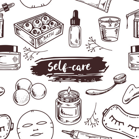 Seamless pattern of hand-drawn doodle spa, cosmetics, beauty, self-care elements. Illustration for beauty salon, cosmetic store, makeup design. Engraved image.のイラスト素材
