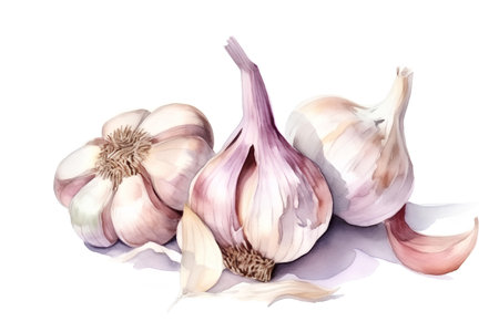Watercolor heads of garlic with splashes of paint on a white background. AI generated illustration.の素材