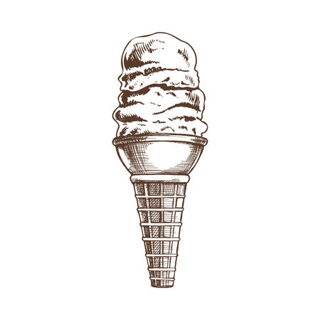 A hand-drawn sketch of a waffle cone with multi-layered frozen yogurt or soft ice cream. Vintage illustration. Element for the design of labels, packaging and postcards.のイラスト素材