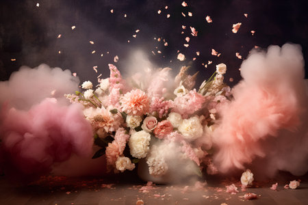 Beautiful flowers, roses and chrysanthemums of red and pink shades in pastel powder on a dark background. AI generated illustration.の素材