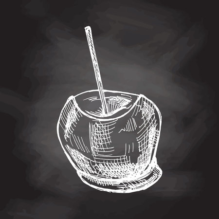 Hand-drawn Caramel apples sketch. Vector food drawing on chalkboard background. Traditional Christmas, Halloween dessert. Illustration for packaging, label, recipe, menu. Vintage holiday design.のイラスト素材