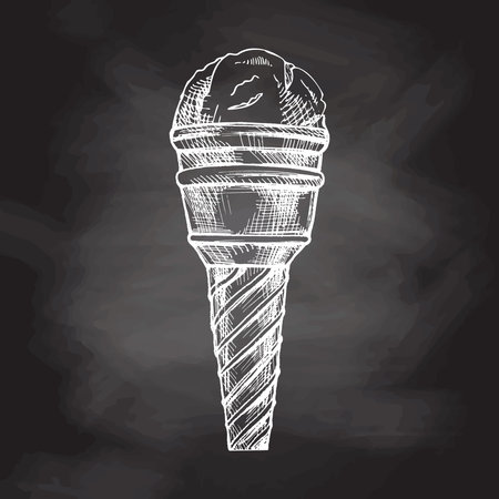 A hand-drawn sketch of a waffle cup with frozen yogurt or soft ice cream on chalkboard background. Vintage illustration. Element for the design of labels, packaging.のイラスト素材