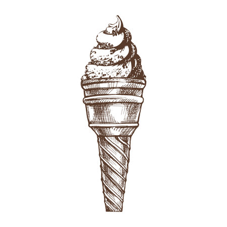 A hand-drawn sketch of a waffle cup with frozen yogurt or soft ice cream. Vintage illustration. Element for the design of labels, packaging and postcards.のイラスト素材