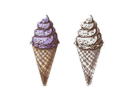 Hand-drawn colored and monochrome sketch set of waffle cones with frozen yogurt or ice cream. Vintage illustration. Element for labels, packaging and postcards.のイラスト素材