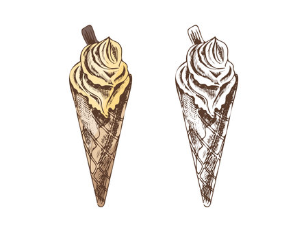 Hand-drawn colored and monochrome sketch set of waffle cones with frozen yogurt or ice cream with cookies. Vintage illustration. Element for labels, packaging and postcards. combine ice creamのイラスト素材
