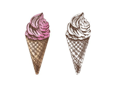 Hand-drawn colored and monochrome sketch set of waffle cones with frozen yogurt or ice cream. Vintage illustration. Element for labels, packaging and postcards.のイラスト素材